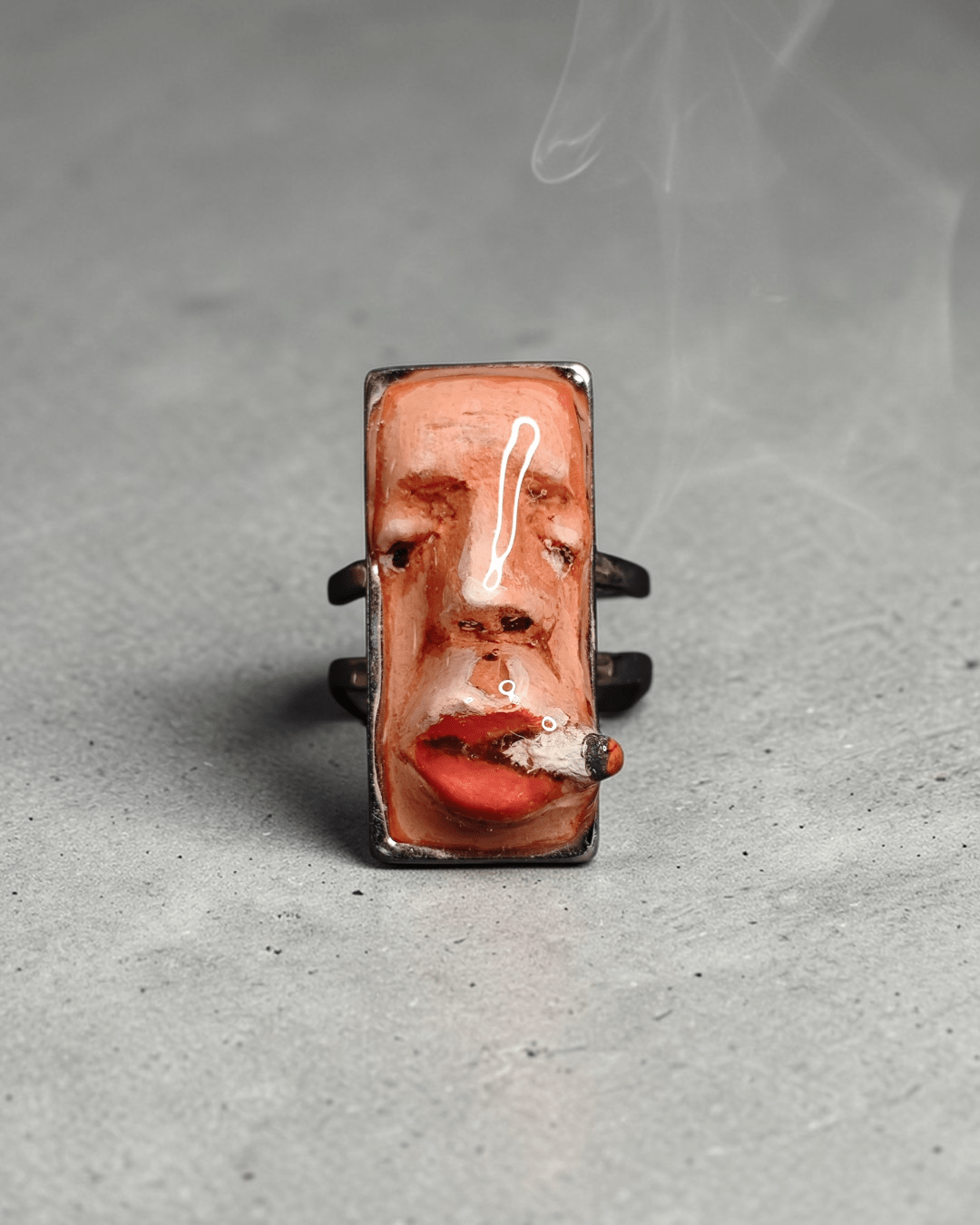 Complete Face Smoking Cigar Ring – Handmade Clay & Resin Surreal Statement Jewelry, Sculptural Wearable Art with Adjustable Stainless Steel Band - SAMA