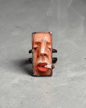 Complete Face Smoking Cigar Ring – Handmade Clay & Resin Surreal Statement Jewelry, Sculptural Wearable Art with Adjustable Stainless Steel Band - SAMA