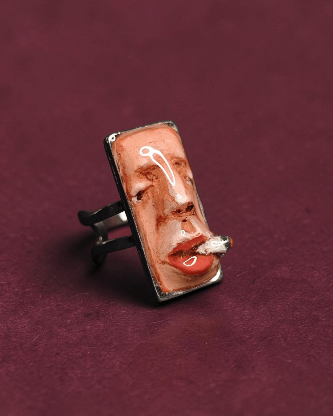 Complete Face Smoking Cigar Ring – Handmade Clay & Resin Surreal Statement Jewelry, Sculptural Wearable Art with Adjustable Stainless Steel Band - SAMA
