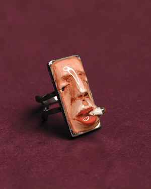 Complete Face Smoking Cigar Ring – Handmade Clay & Resin Surreal Statement Jewelry, Sculptural Wearable Art with Adjustable Stainless Steel Band - SAMA