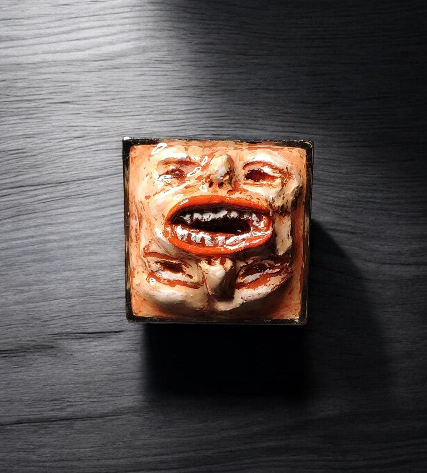 Double Face Ring – Handmade Clay Dark Surreal Statement Jewelry, Sculptural Fantasy Wearable Art on Adjustable Stainless Steel Band OOAK