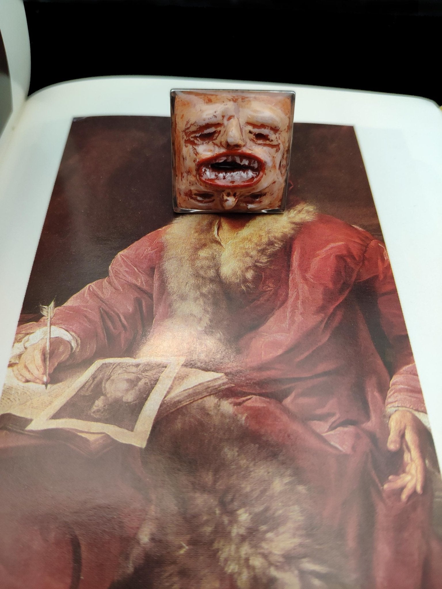 Double Face Ring – Handmade Clay Dark Surreal Statement Jewelry, Sculptural Fantasy Wearable Art on Adjustable Stainless Steel Band OOAK