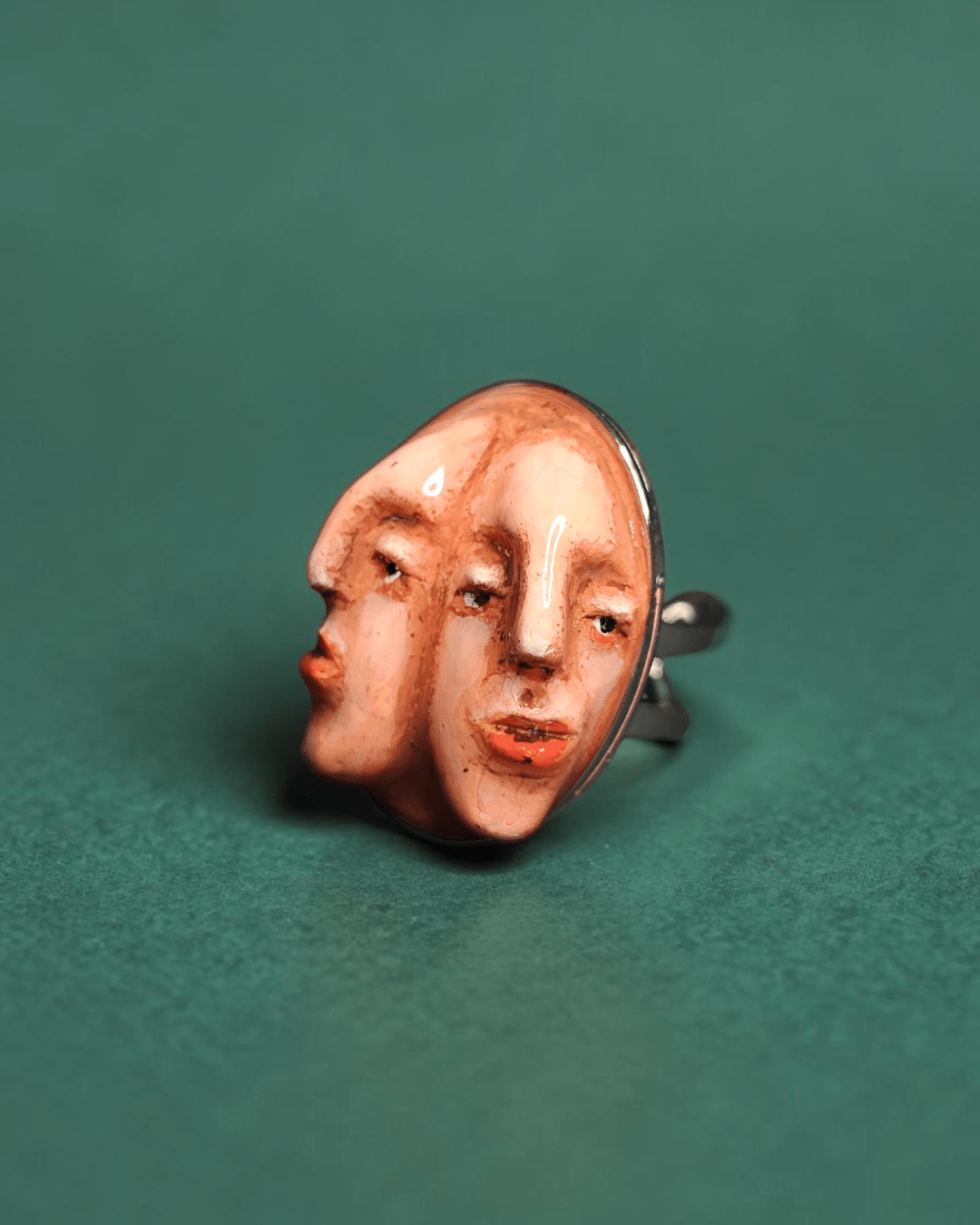 Double Face Ring – Handmade Clay & Resin Surreal Statement Jewelry with Adjustable Stainless Steel Band - SAMA