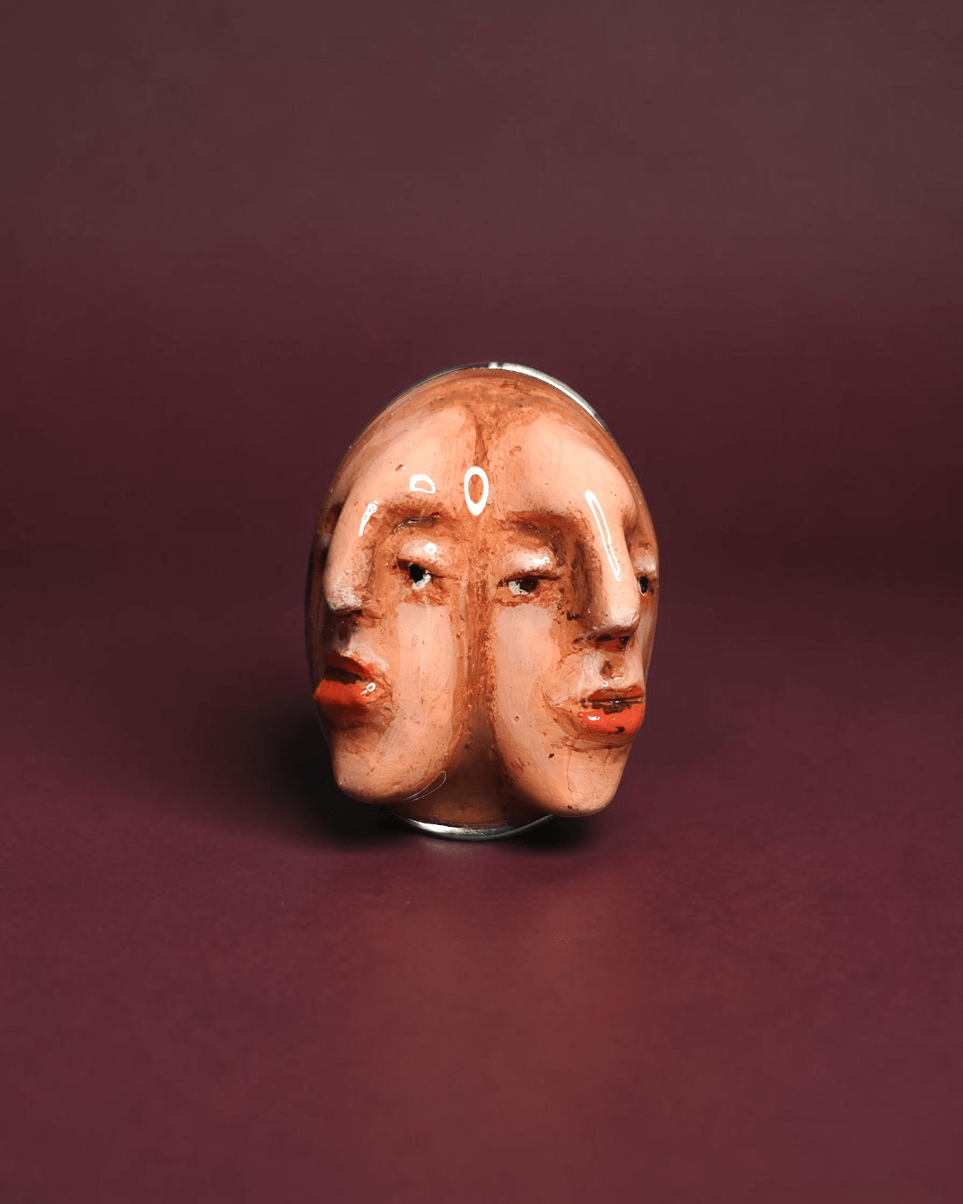 Double Face Ring – Handmade Clay & Resin Surreal Statement Jewelry with Adjustable Stainless Steel Band - SAMA
