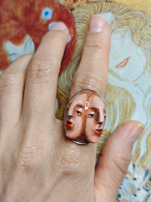 Double Face Ring – Handmade Clay & Resin Surreal Statement Jewelry with Adjustable Stainless Steel Band - SAMA