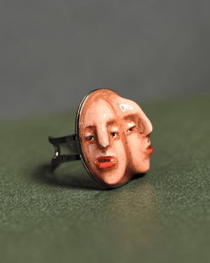 Double Face Ring – Handmade Clay & Resin Surreal Statement Jewelry with Adjustable Stainless Steel Band - SAMA
