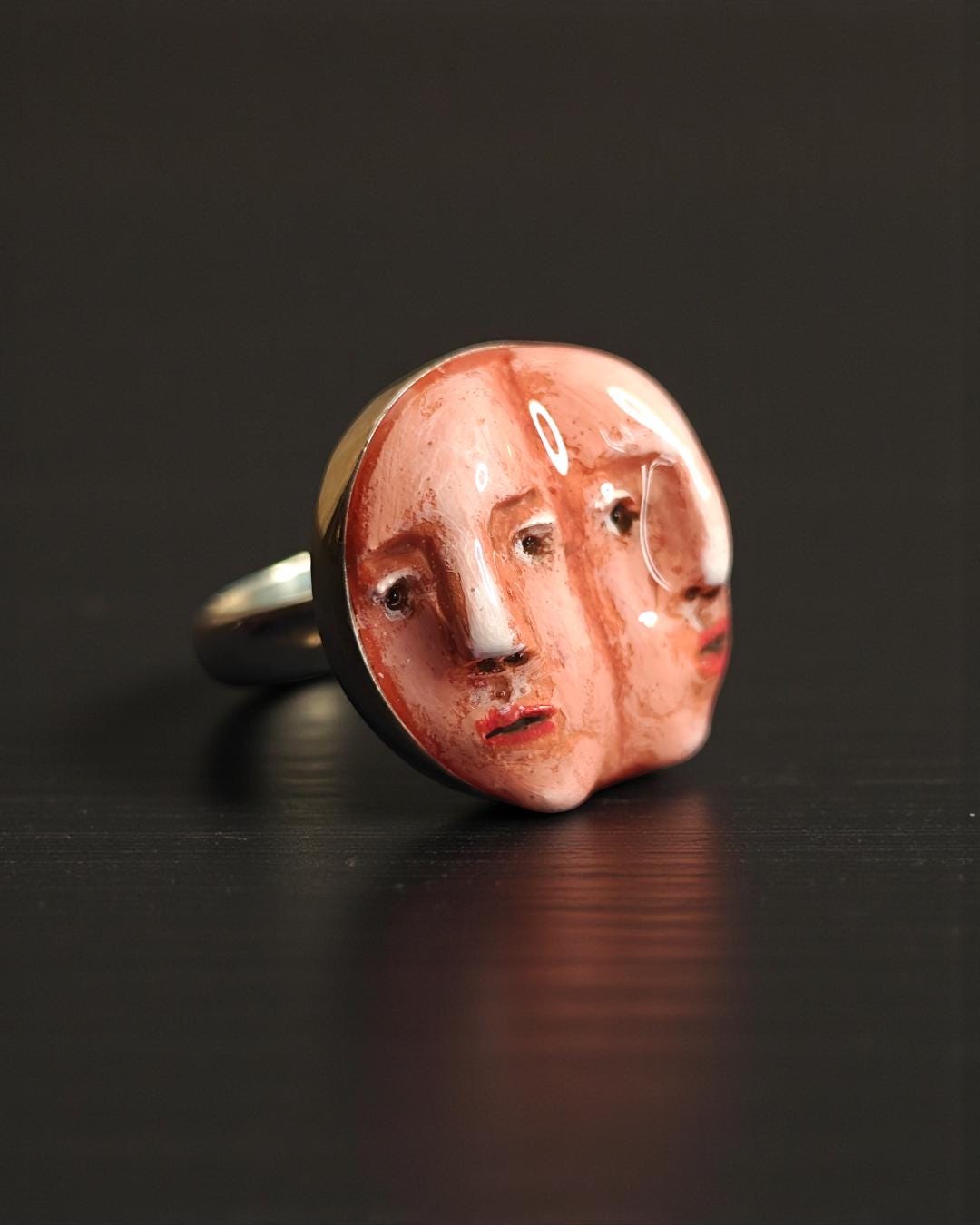 Double Faces Side by Side Ring – Handmade Clay & Resin Surreal Statement Jewelry, Sculptural Fantasy Wearable Art with Sterling Silver S925