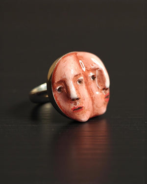 Double Faces Side by Side Ring – Handmade Clay & Resin Surreal Statement Jewelry, Sculptural Fantasy Wearable Art with Sterling Silver S925