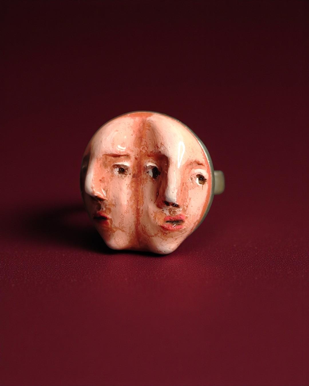 Double Faces Side by Side Ring – Handmade Clay & Resin Surreal Statement Jewelry, Sculptural Fantasy Wearable Art with Sterling Silver S925