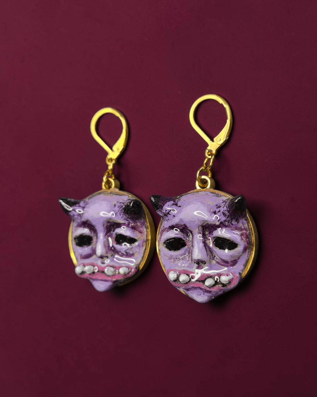 Double Horned Monster Earrings – Handmade Clay & Resin Surreal Statement Jewelry, Sculptural Wearable Art with Stainless Steel Hooks - SAMA