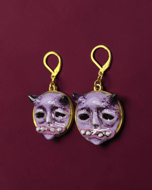 Double Horned Monster Earrings – Handmade Clay & Resin Surreal Statement Jewelry, Sculptural Wearable Art with Stainless Steel Hooks - SAMA