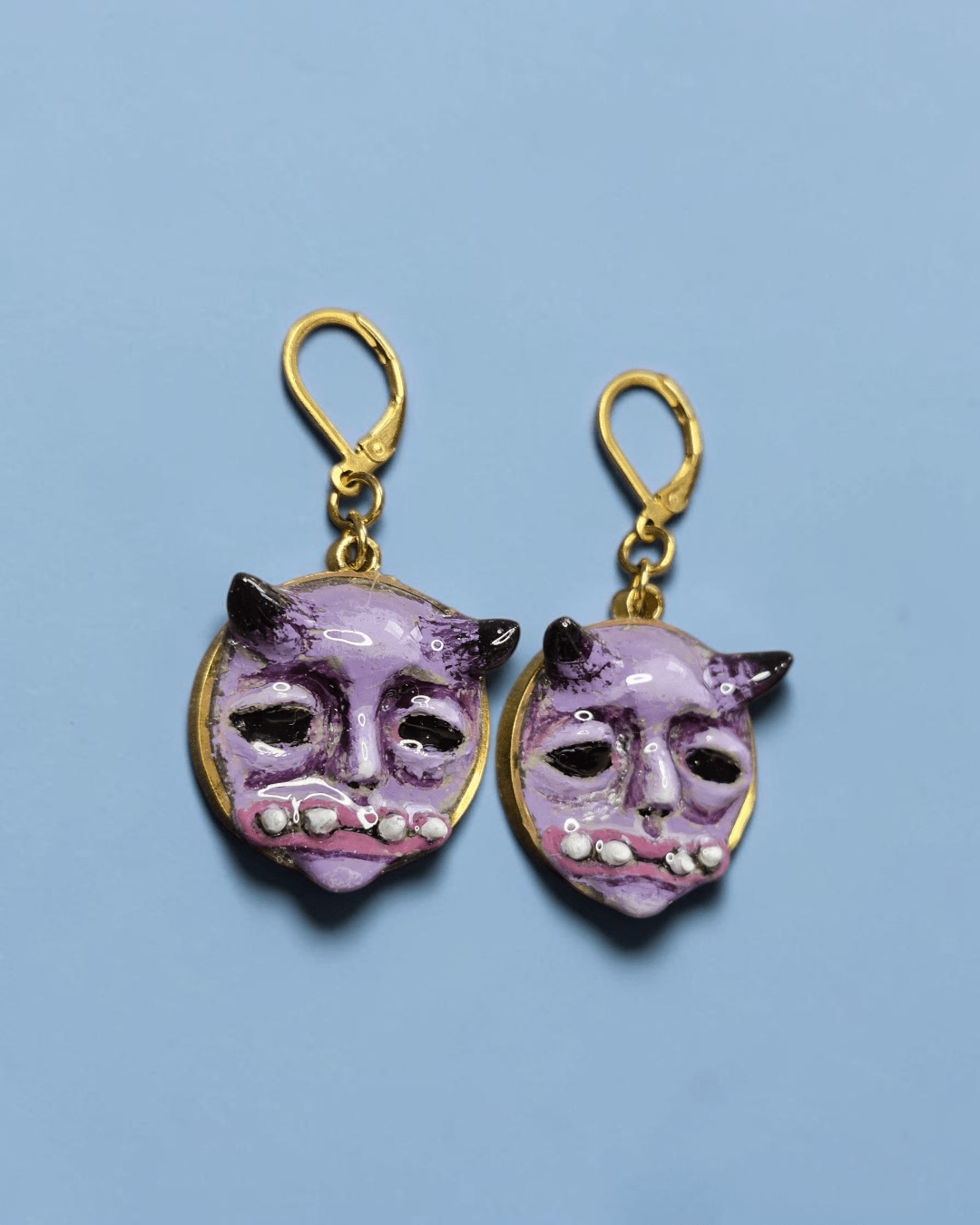 Double Horned Monster Earrings – Handmade Clay & Resin Surreal Statement Jewelry, Sculptural Wearable Art with Stainless Steel Hooks - SAMA