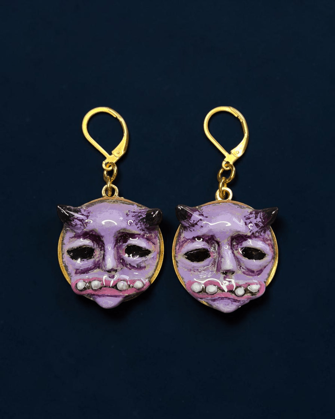 Double Horned Monster Earrings – Handmade Clay & Resin Surreal Statement Jewelry, Sculptural Wearable Art with Stainless Steel Hooks - SAMA