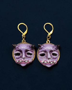 Double Horned Monster Earrings – Handmade Clay & Resin Surreal Statement Jewelry, Sculptural Wearable Art with Stainless Steel Hooks - SAMA