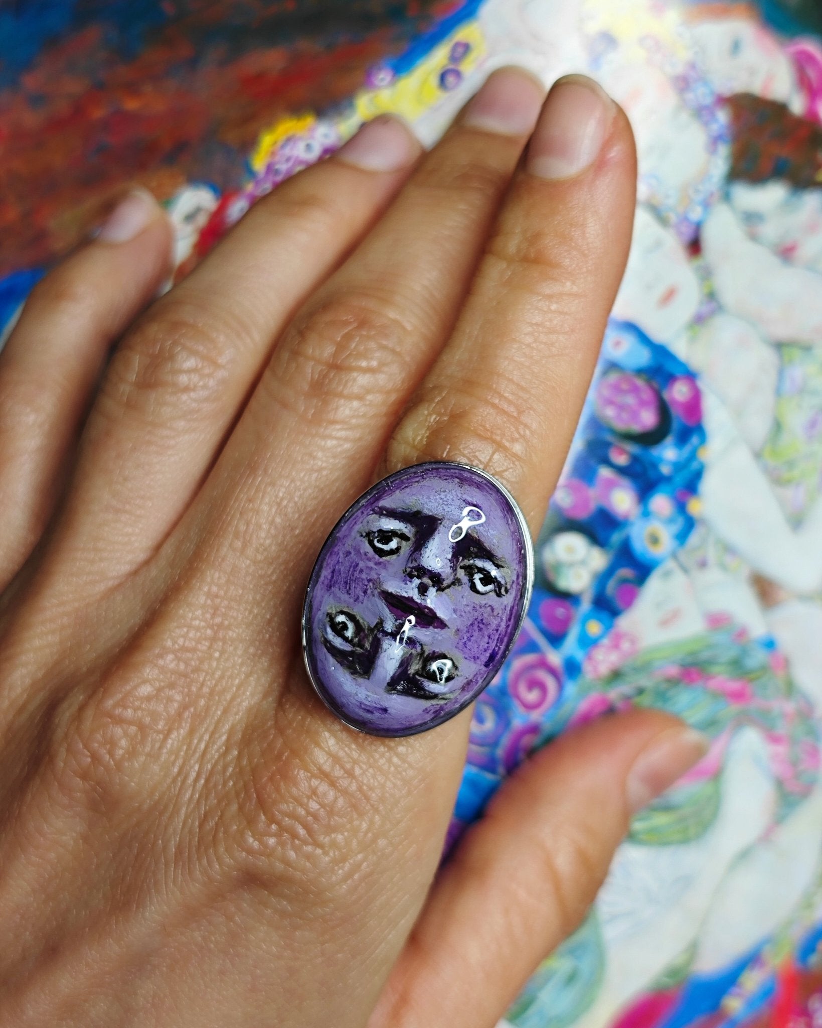 Double Mirrored Face Ring – Handmade Clay & Resin Surreal Statement Jewelry with Adjustable Stainless Steel Band - SAMA