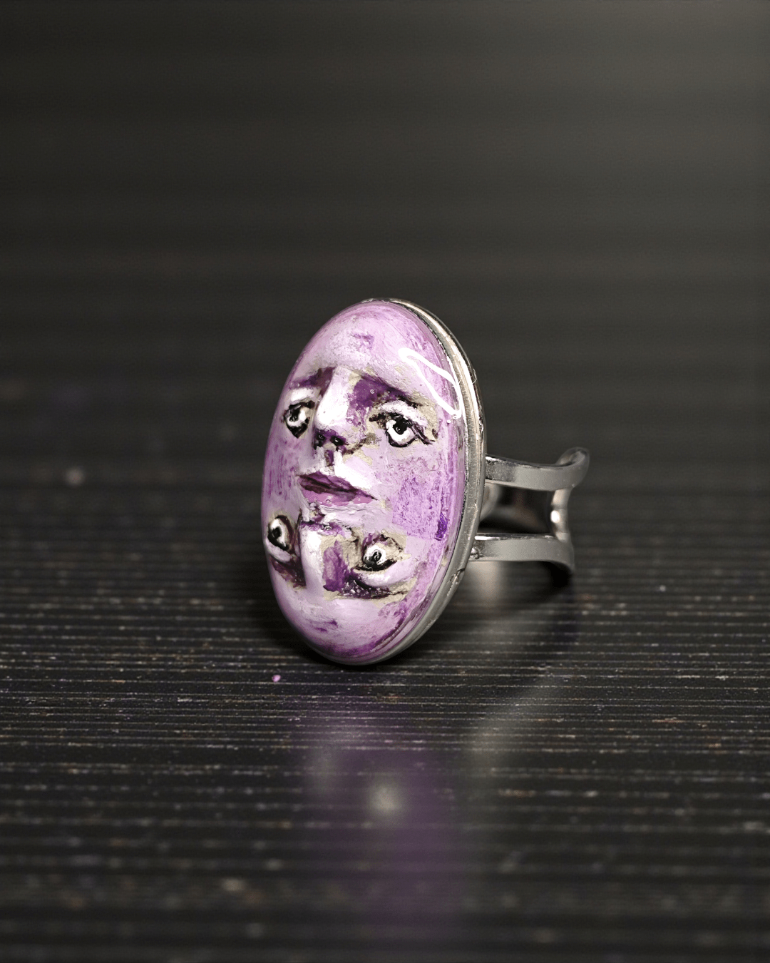 Double Mirrored Face Ring – Handmade Clay & Resin Surreal Statement Jewelry with Adjustable Stainless Steel Band - SAMA