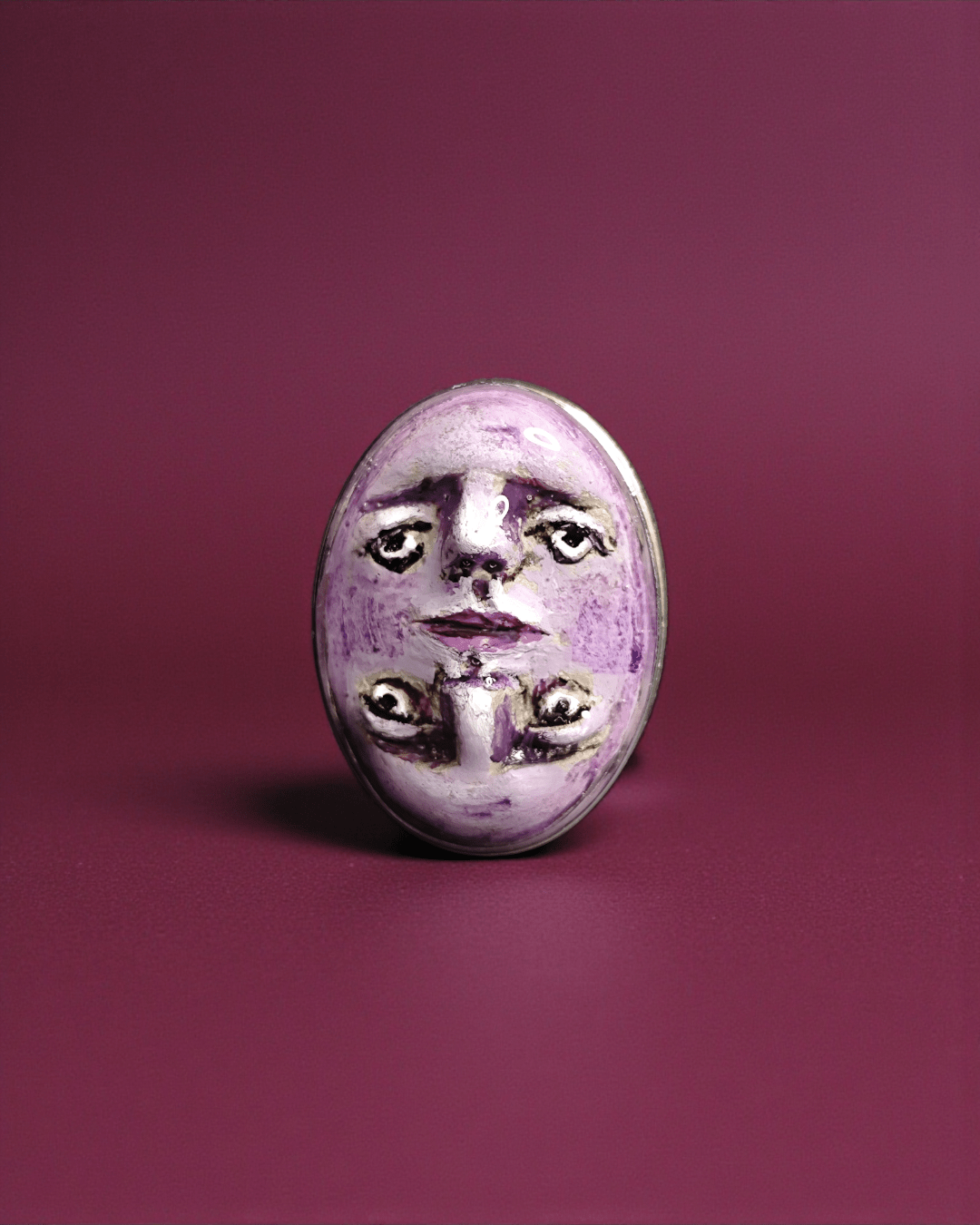 Double Mirrored Face Ring – Handmade Clay & Resin Surreal Statement Jewelry with Adjustable Stainless Steel Band - SAMA