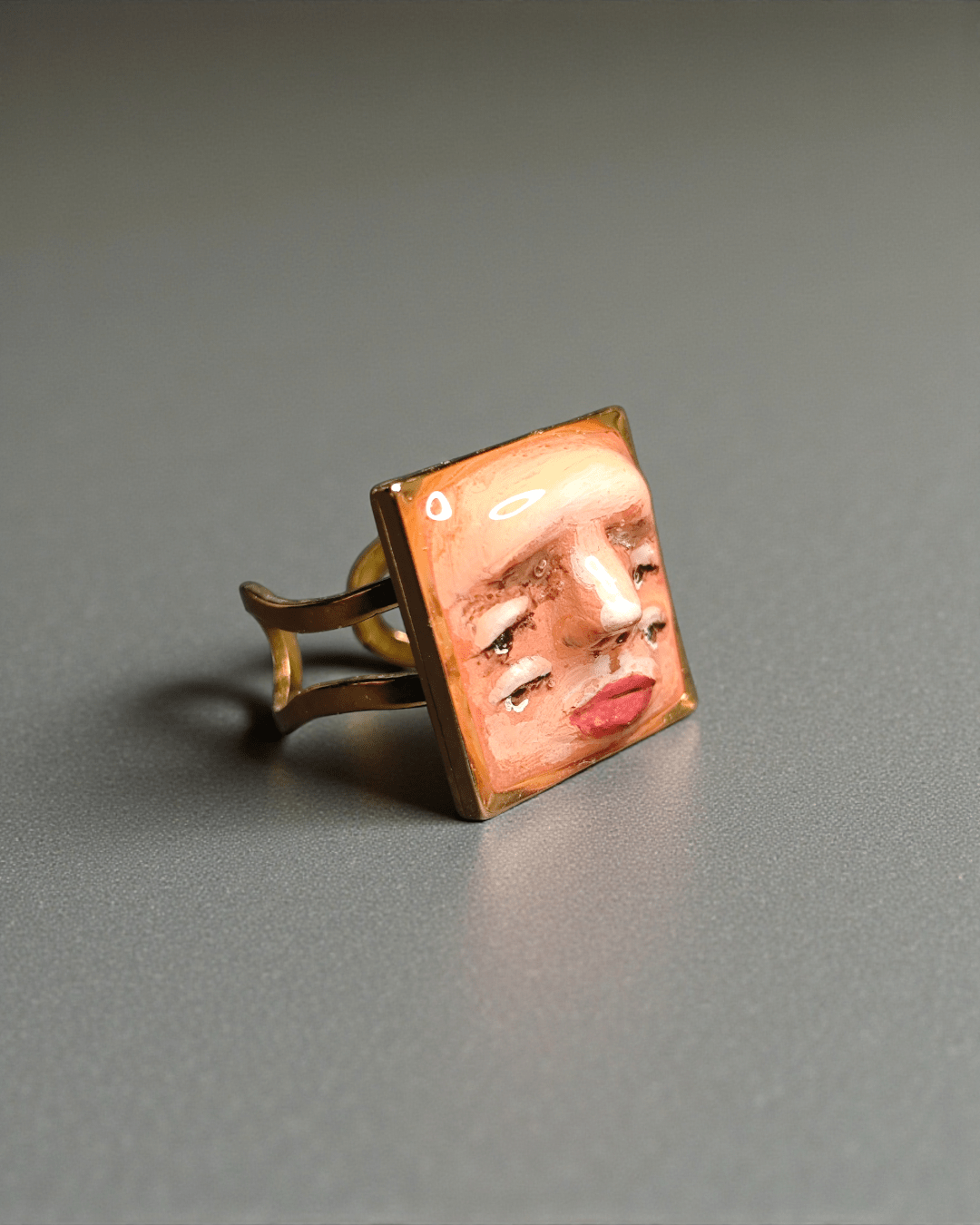 Double Pair of Eyes Face Ring – Handmade Clay & Resin Surreal Statement Jewelry with Adjustable Stainless Steel Band - SAMA