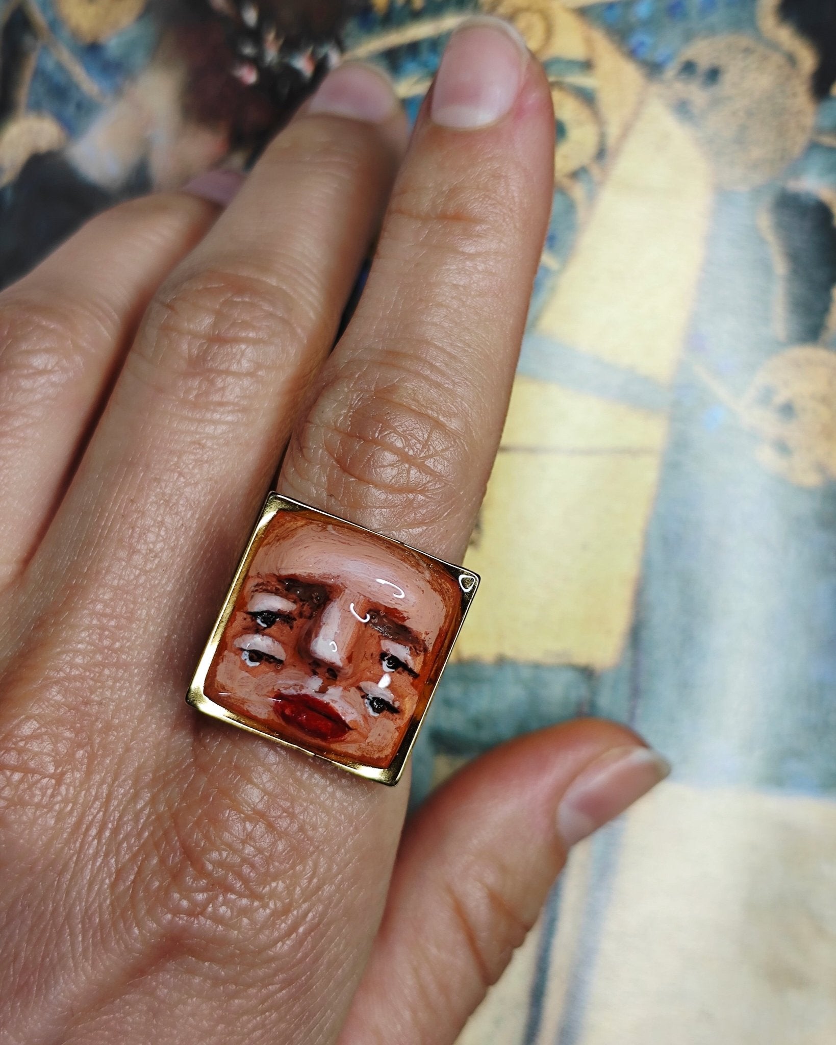 Double Pair of Eyes Face Ring – Handmade Clay & Resin Surreal Statement Jewelry with Adjustable Stainless Steel Band - SAMA