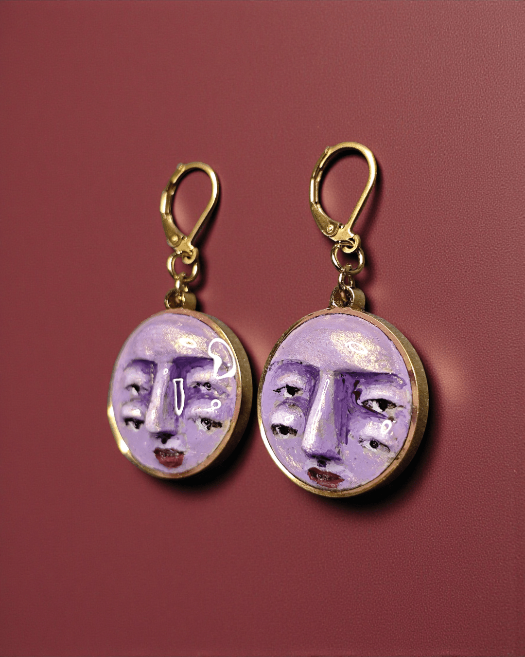 Double Pair of Eyes Purple Face Earrings – Handmade Clay & Resin Surreal Statement Jewelry, Sculptural Fantasy Wearable Art with Stainless Steel Hooks - SAMA