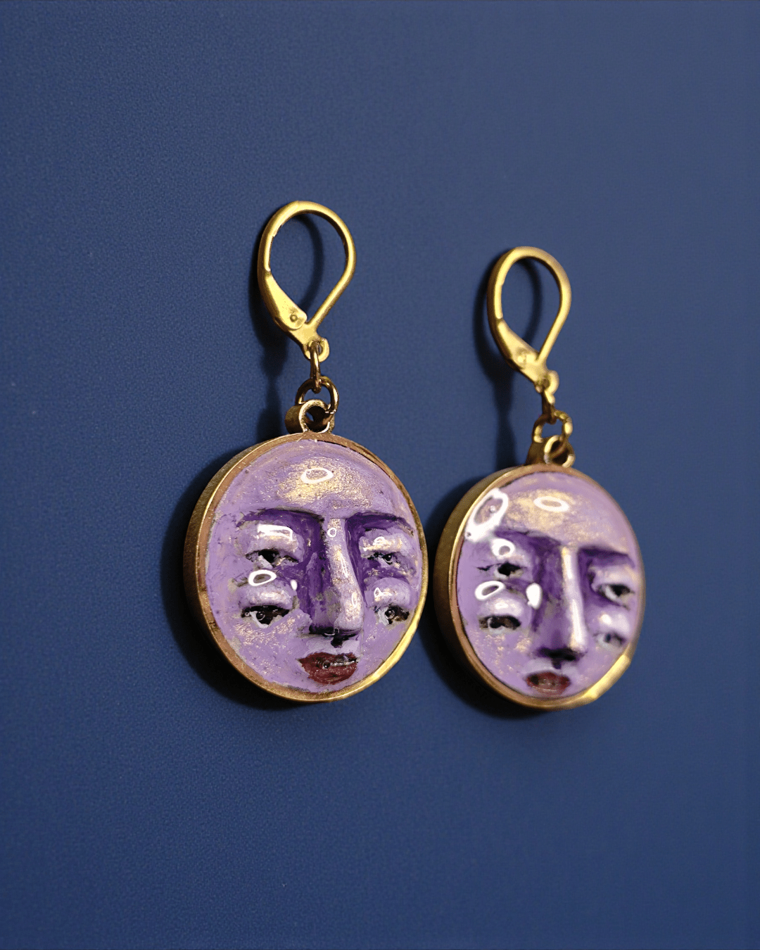 Double Pair of Eyes Purple Face Earrings – Handmade Clay & Resin Surreal Statement Jewelry, Sculptural Fantasy Wearable Art with Stainless Steel Hooks - SAMA