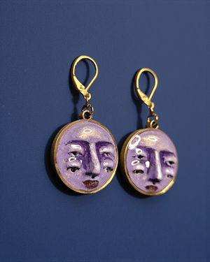 Double Pair of Eyes Purple Face Earrings – Handmade Clay & Resin Surreal Statement Jewelry, Sculptural Fantasy Wearable Art with Stainless Steel Hooks - SAMA