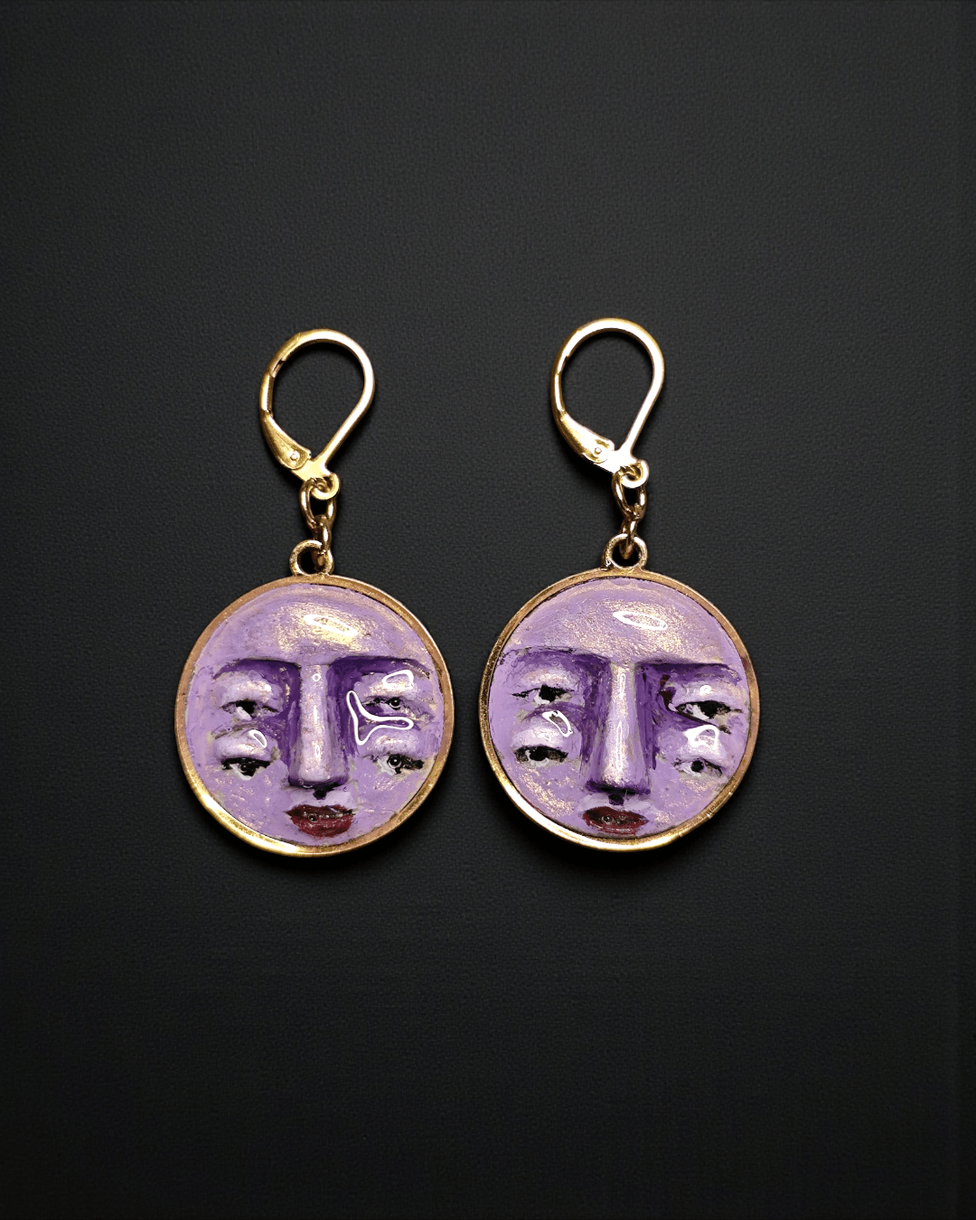 Double Pair of Eyes Purple Face Earrings – Handmade Clay & Resin Surreal Statement Jewelry, Sculptural Fantasy Wearable Art with Stainless Steel Hooks - SAMA