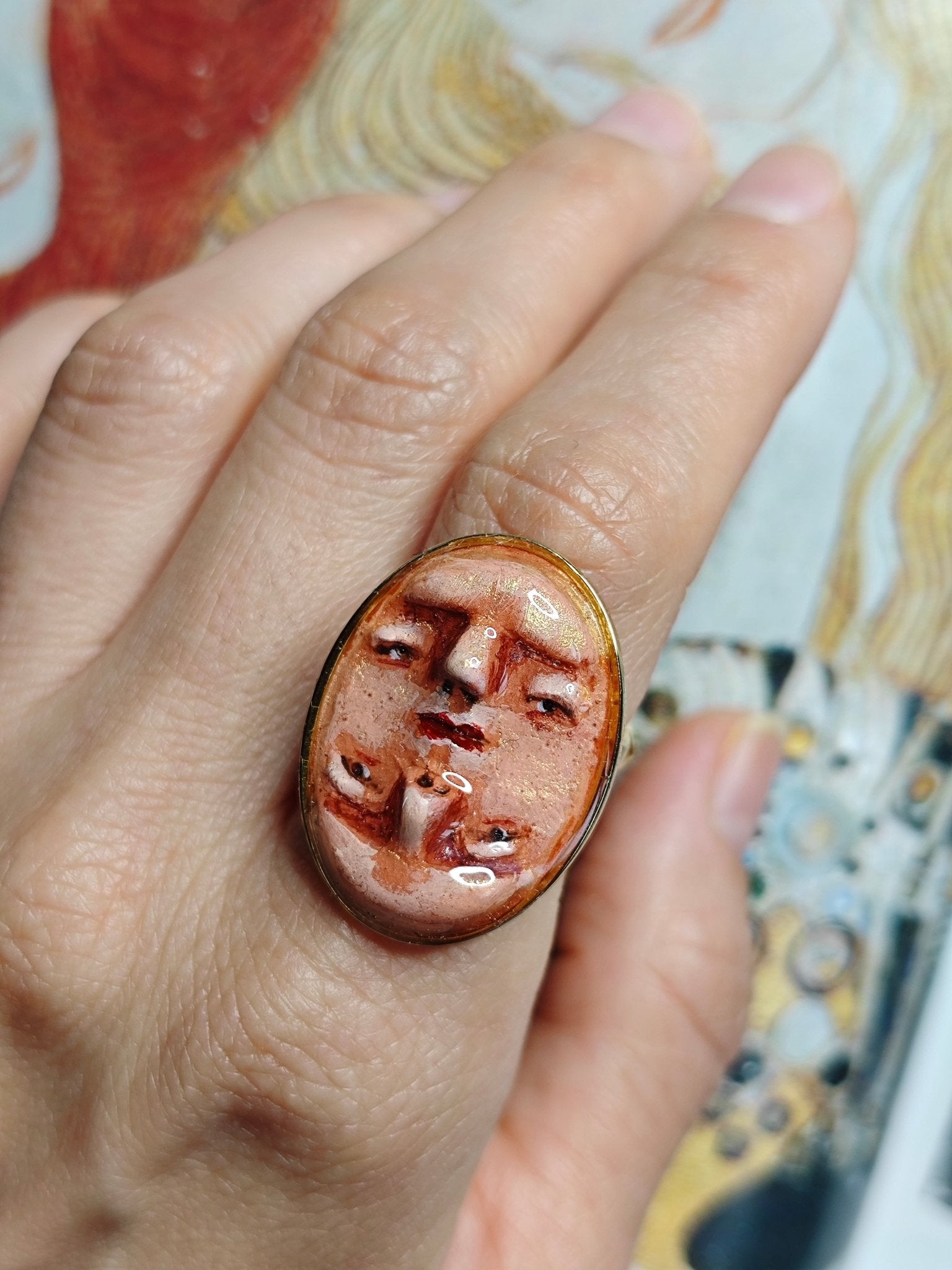 Double Upside Down Face Ring – Handmade Clay & Resin Surreal Statement Jewelry with Adjustable Stainless Steel Band - SAMA