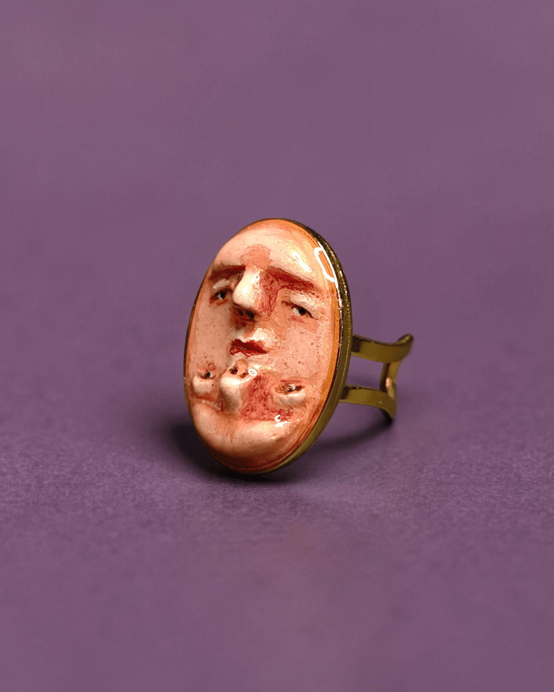 Double Upside Down Face Ring – Handmade Clay & Resin Surreal Statement Jewelry with Adjustable Stainless Steel Band - SAMA