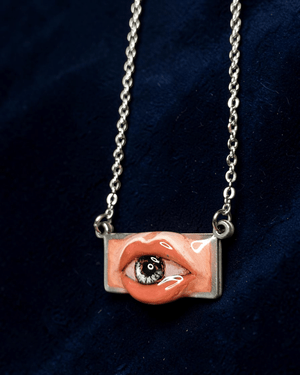 Eye in Mouth Necklace – Handmade Clay & Resin Surreal Statement Jewelry, Sculptural Fantasy Wearable Art with Stainless Steel Chain / Pendant - SAMA