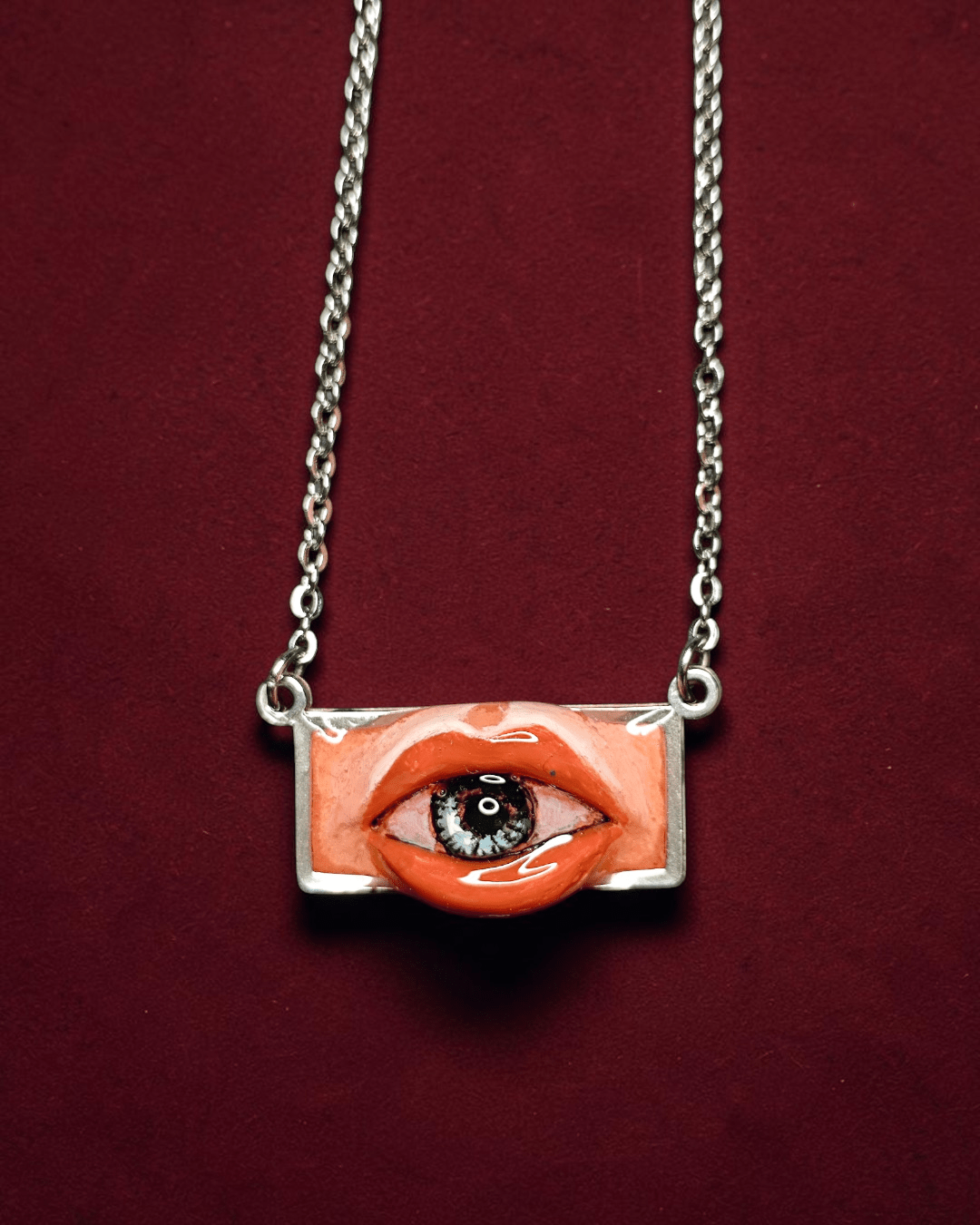 Eye in Mouth Necklace – Handmade Clay & Resin Surreal Statement Jewelry, Sculptural Fantasy Wearable Art with Stainless Steel Chain / Pendant - SAMA