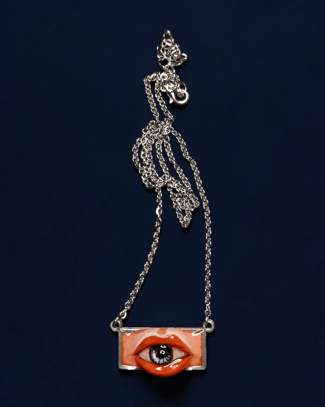 Eye in Mouth Necklace – Handmade Clay & Resin Surreal Statement Jewelry, Sculptural Fantasy Wearable Art with Stainless Steel Chain / Pendant - SAMA