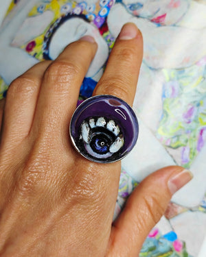 Eye in Mouth Ring – Handmade Clay & Resin Surreal Statement Jewelry with Adjustable Stainless Steel Band - SAMA