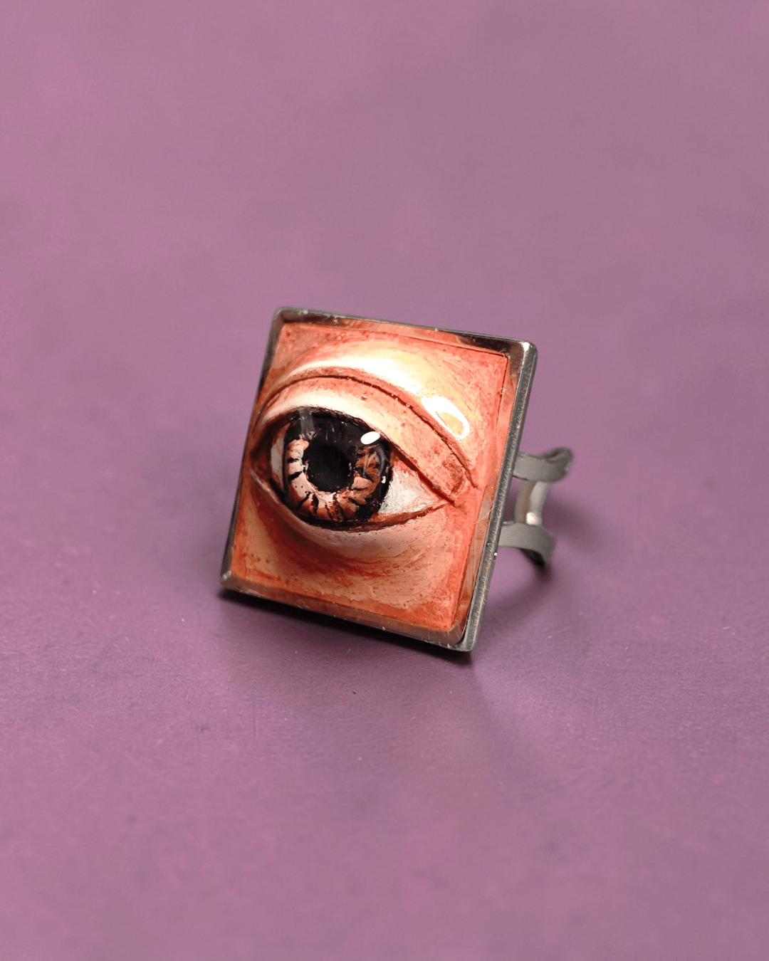 Eye in Square Frame Ring – Handmade Clay & Resin Surreal Statement Jewelry, Sculptural Fantasy Wearable Art with Adjustable Stainless Steel Band - SAMA