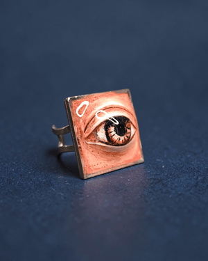 Eye in Square Frame Ring – Handmade Clay & Resin Surreal Statement Jewelry, Sculptural Fantasy Wearable Art with Adjustable Stainless Steel Band - SAMA