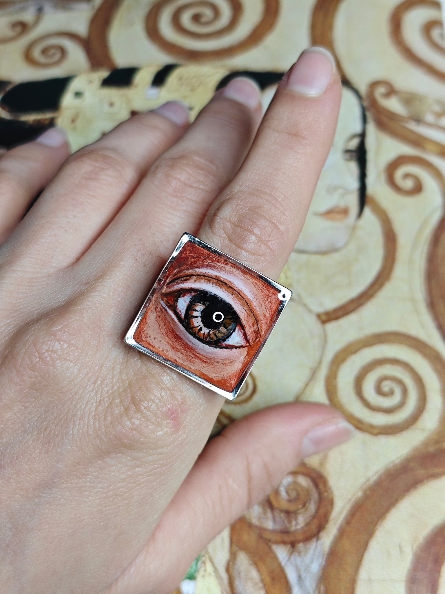 Eye in Square Frame Ring – Handmade Clay & Resin Surreal Statement Jewelry, Sculptural Fantasy Wearable Art with Adjustable Stainless Steel Band - SAMA