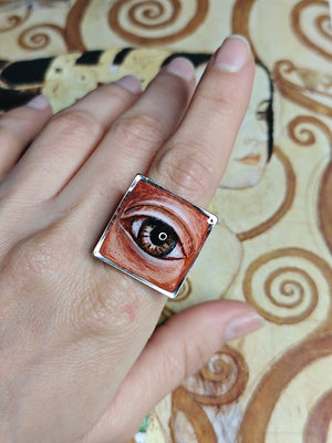 Eye in Square Frame Ring – Handmade Clay & Resin Surreal Statement Jewelry, Sculptural Fantasy Wearable Art with Adjustable Stainless Steel Band - SAMA