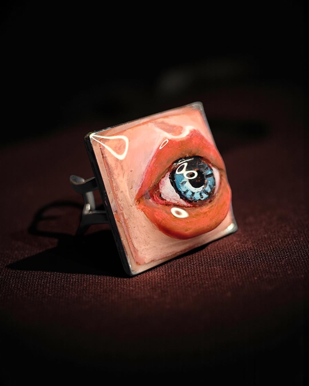 Eye Inside Lips Ring – Handmade Clay & Resin Surreal Statement Jewelry, Sculptural Fantasy Wearable Art with Adjustable Stainless Steel Band