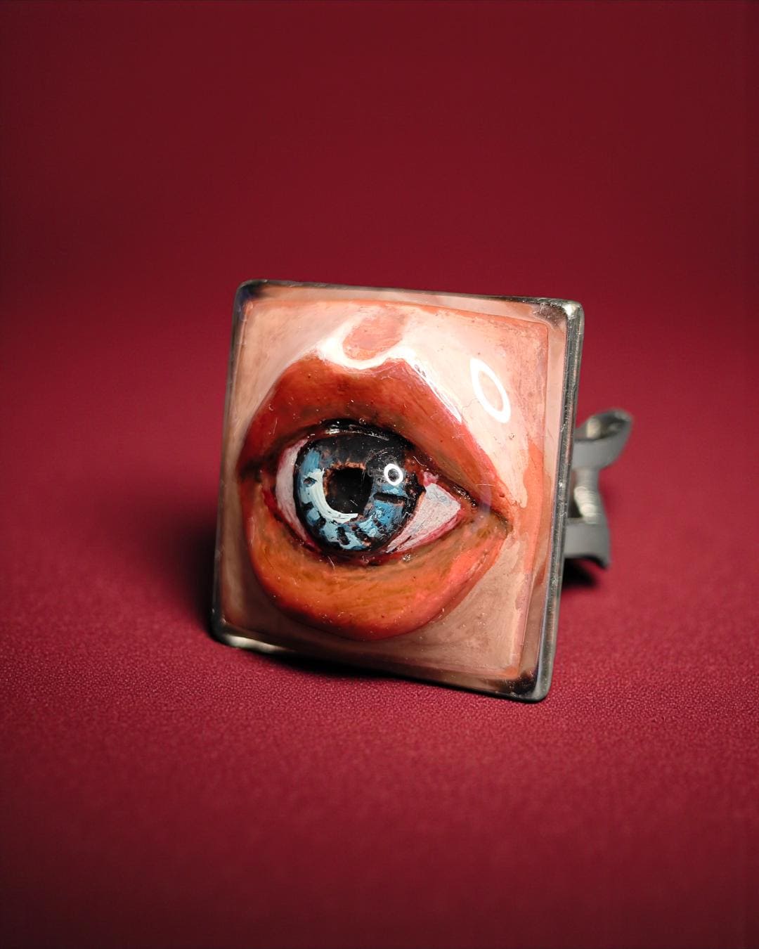 Eye Inside Lips Ring – Handmade Clay & Resin Surreal Statement Jewelry, Sculptural Fantasy Wearable Art with Adjustable Stainless Steel Band