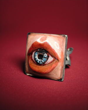 Eye Inside Lips Ring – Handmade Clay & Resin Surreal Statement Jewelry, Sculptural Fantasy Wearable Art with Adjustable Stainless Steel Band