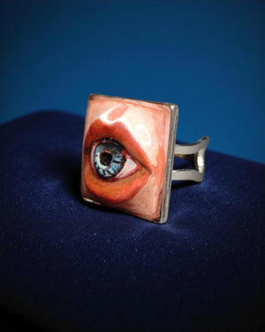 Eye Inside Lips Ring – Handmade Clay & Resin Surreal Statement Jewelry, Sculptural Fantasy Wearable Art with Adjustable Stainless Steel Band