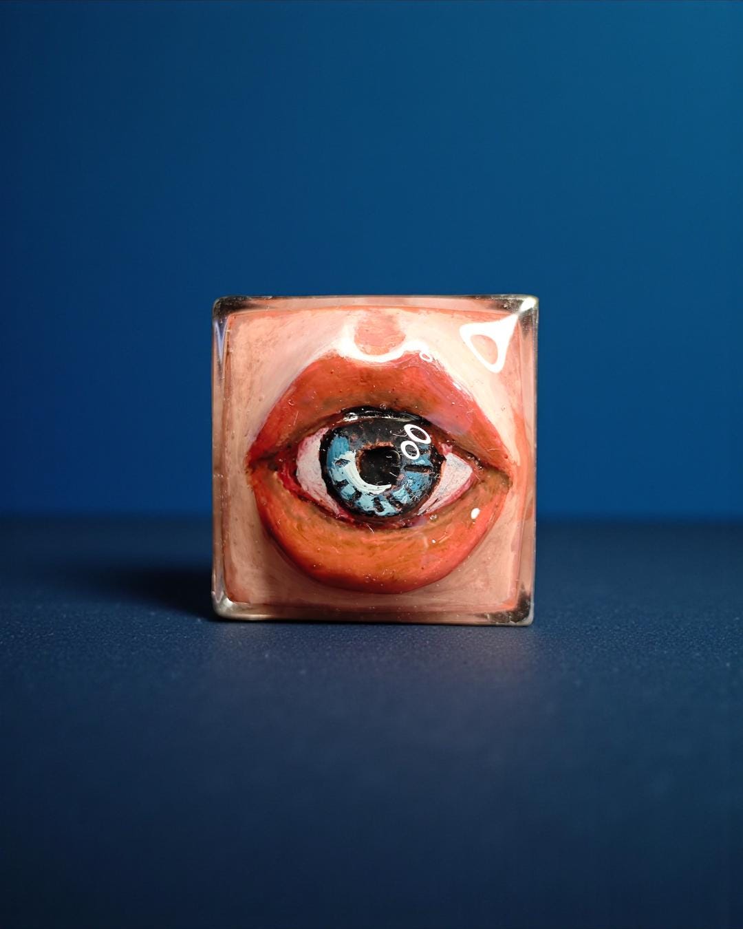 Eye Inside Lips Ring – Handmade Clay & Resin Surreal Statement Jewelry, Sculptural Fantasy Wearable Art with Adjustable Stainless Steel Band