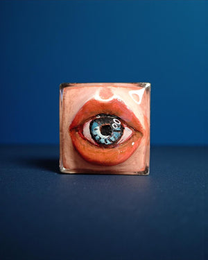 Eye Inside Lips Ring – Handmade Clay & Resin Surreal Statement Jewelry, Sculptural Fantasy Wearable Art with Adjustable Stainless Steel Band
