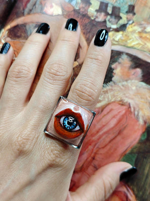 Eye Inside Lips Ring – Handmade Clay & Resin Surreal Statement Jewelry, Sculptural Fantasy Wearable Art with Adjustable Stainless Steel Band