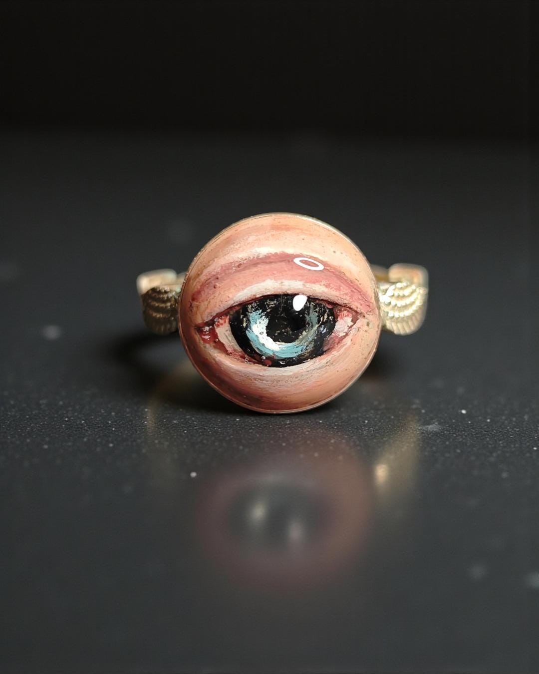 Eye with Wings Ring – Handmade Clay & Resin Surreal Statement Jewelry, Sculptural Fantasy Wearable Art with Sterling Silver S925 Band