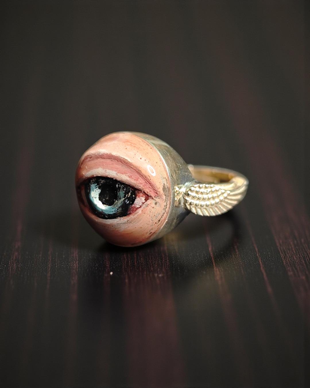 Eye with Wings Ring – Handmade Clay & Resin Surreal Statement Jewelry, Sculptural Fantasy Wearable Art with Sterling Silver S925 Band