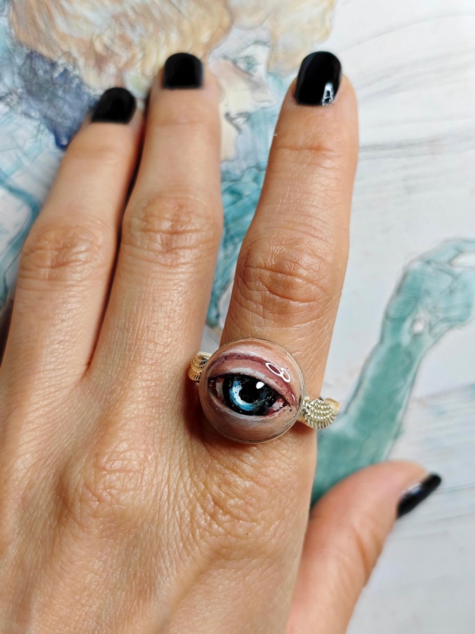 Eye with Wings Ring – Handmade Clay & Resin Surreal Statement Jewelry, Sculptural Fantasy Wearable Art with Sterling Silver S925 Band