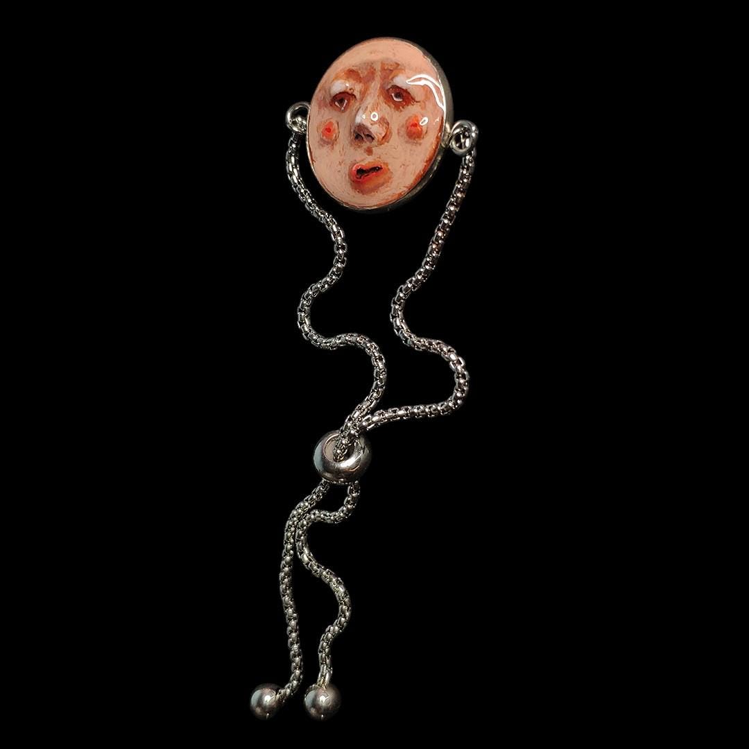 Face Bracelet – Handmade Clay & Resin Surreal Statement Jewelry, Sculptural Artistic Wearable Art with Adjustable Stainless Steel Band OOAK