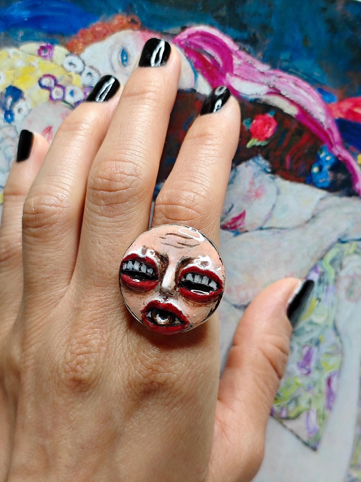 Face with Eye in Mouth & Mouths for Eyes Ring – Handmade Clay and Resin Surreal Statement Jewelry, Sculptural Fantasy Wearable Art with Ster