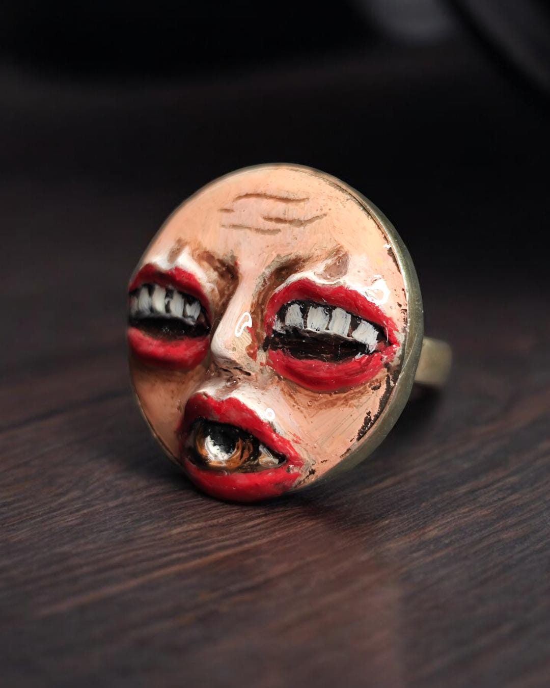 Face with Eye in Mouth & Mouths for Eyes Ring – Handmade Clay and Resin Surreal Statement Jewelry, Sculptural Fantasy Wearable Art with Ster